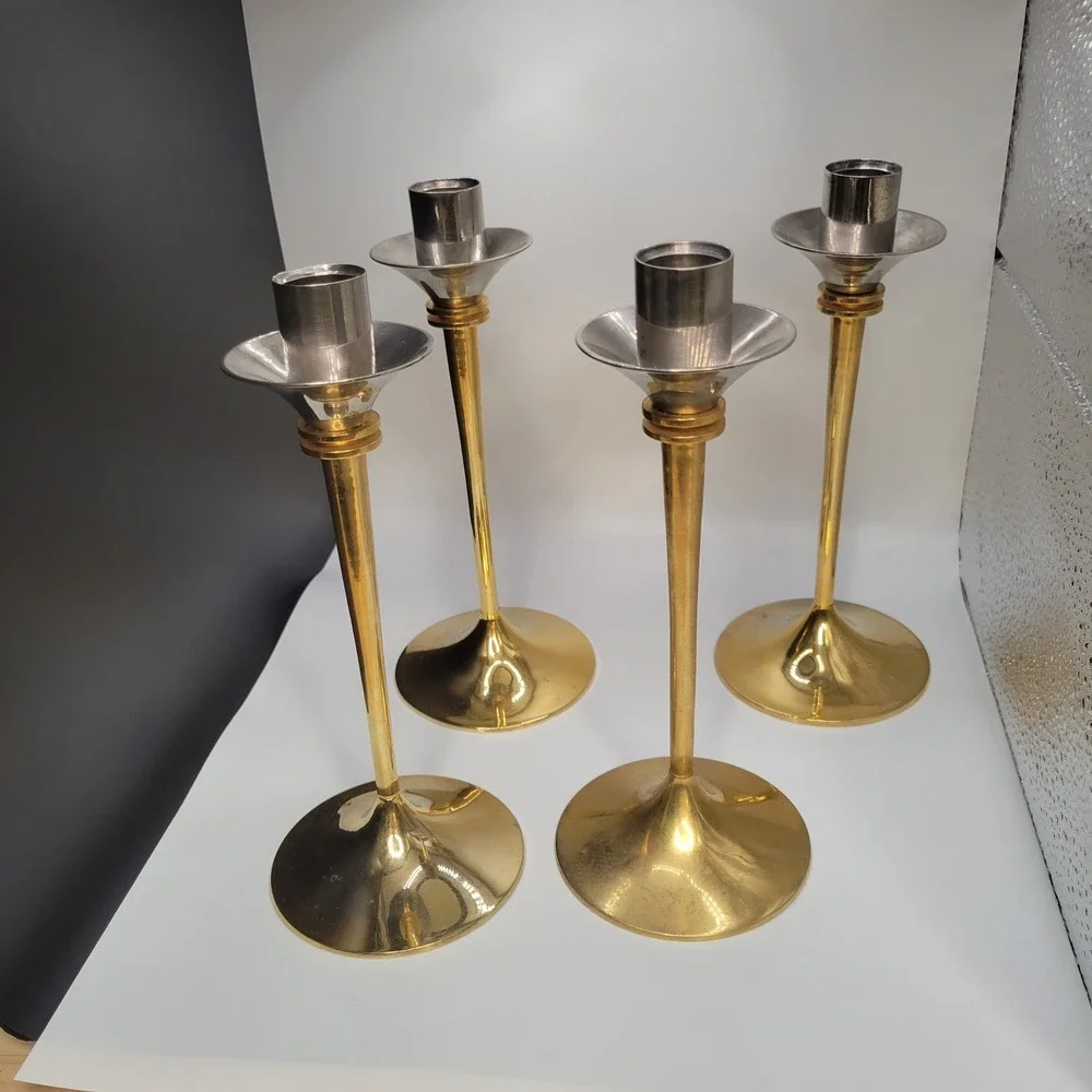 Vtg Scandia Guldgold Karlshamn Sweden 24K‎ Gold Plated Brass 4 Candlesticks  MCM
